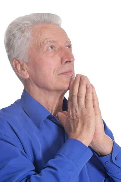 Portrét Starší Muž Modlit Izolovaných Bílém Pozadí — Stock fotografie
