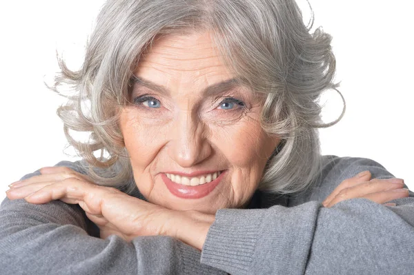 Porträt Einer Schönen Seniorin Die Vor Weißem Hintergrund Posiert — Stockfoto