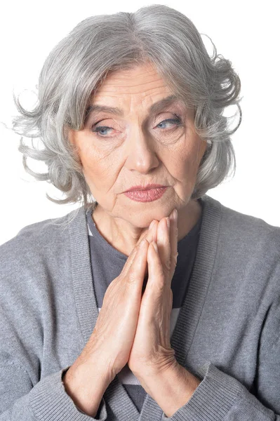 Triste Mulher Idosa Isolado Fundo Branco — Fotografia de Stock