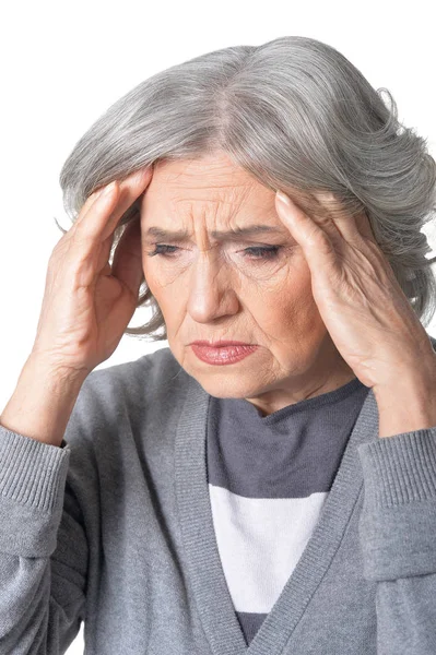 Porträt Einer Seniorin Grauer Bluse Mit Kopfschmerzen Isoliert Auf Weißem — Stockfoto