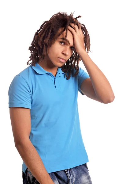 Jeune Homme Avec Mal Tête Sur Fond Blanc — Photo