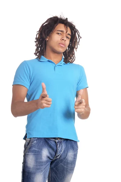 Jeune Homme Pointant Sur Fond Blanc — Photo