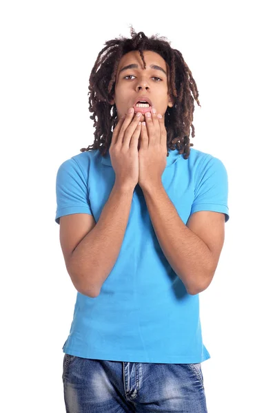 Jovem Triste Posando Contra Fundo Branco — Fotografia de Stock