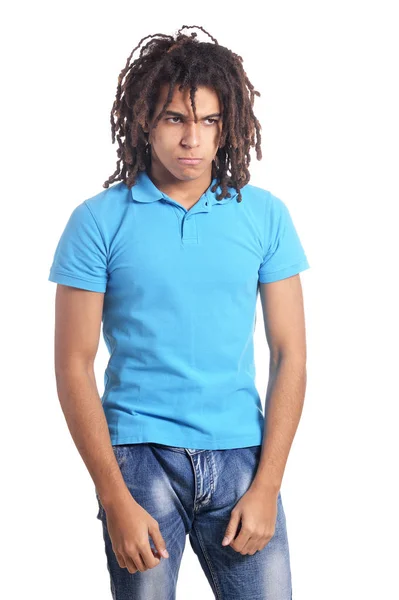 Jeune Homme Bouleversé Posant Sur Fond Blanc — Photo