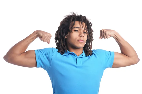 Young Man Showing Muscles White Background — Stock Photo, Image