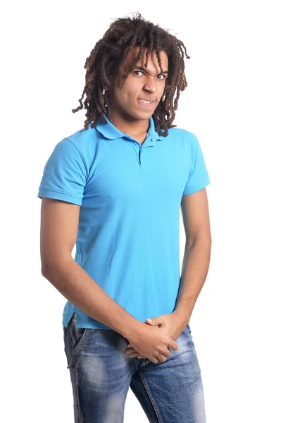 Jeune Homme Colère Posant Sur Fond Blanc — Photo