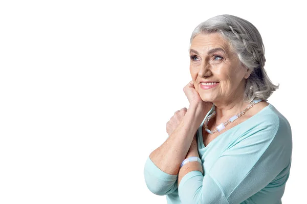 Ritratto Bella Donna Anziana Posa Sfondo Bianco — Foto Stock