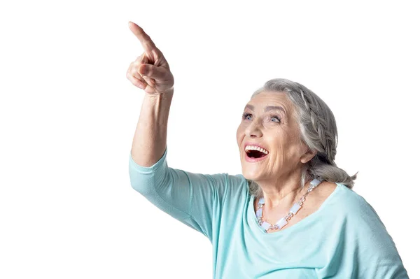 Beautiful Mature Woman Pointing Close Portrait — Stock Photo, Image