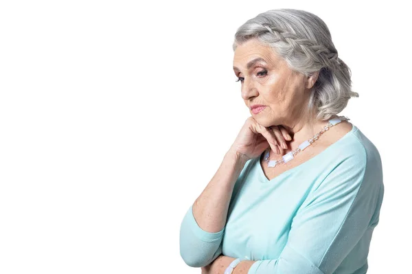 Portret Van Een Mooie Triest Senior Vrouw Geïsoleerd Witte Achtergrond — Stockfoto