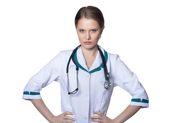 Porträt Einer Ärztin Die Auf Weiß Posiert — Stockfoto