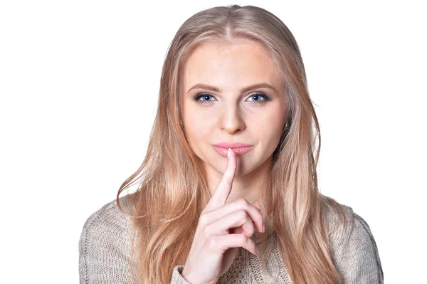 Portrait Young Woman Silence Gesture Isolated White Background — Stock Photo, Image