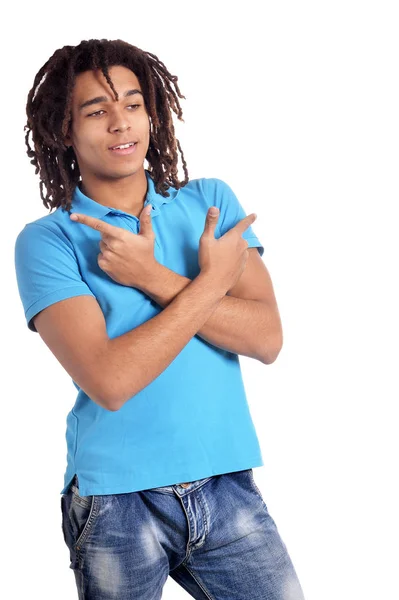 Young Man Gesturing White Background Stock Image