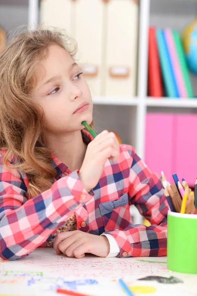 Thoughtful Little Girl Drawing Her Room — Stock Photo, Image