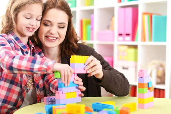 Cute Little Girl Her Mother Playing Colorful Plastic Blocks Together Stock Picture