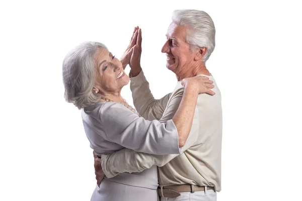Portrait Happy Senior Couple Dancing Isolated White Background — Stock Photo, Image