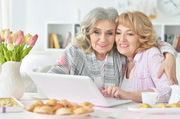 Zwei Seniorinnen Nutzen Laptop Hause — Stockfoto