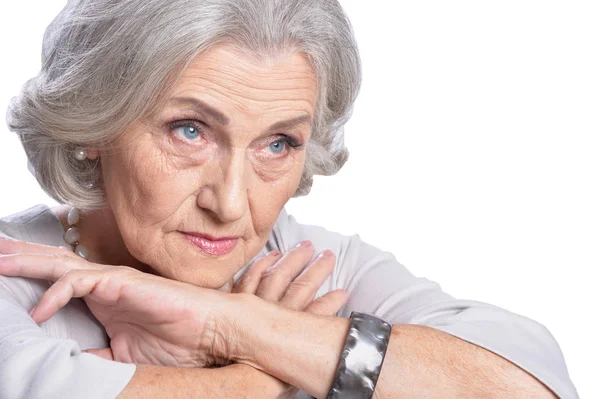 Porträt Einer Schönen Seniorin Die Vor Weißem Hintergrund Posiert — Stockfoto