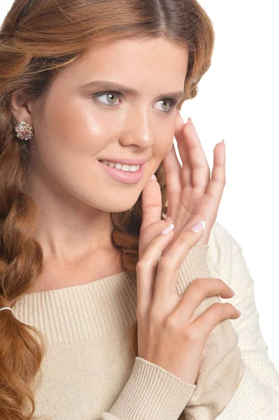 Retrato Una Hermosa Mujer Posando Aislada Sobre Blanco — Foto de Stock