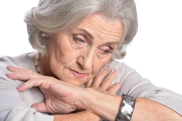 Portret Van Doordachte Mooie Senior Vrouw Poseren Geïsoleerd Witte Achtergrond — Stockfoto