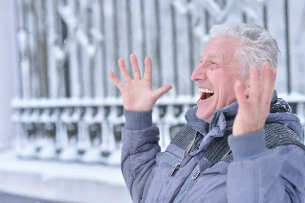 Portrait Homme Âgé Souriant Debout Extérieur Hiver — Photo