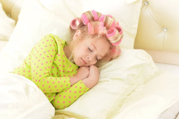 Lovely Little Girl Pink Curlers Sleeping Bed Home — Stock Photo, Image