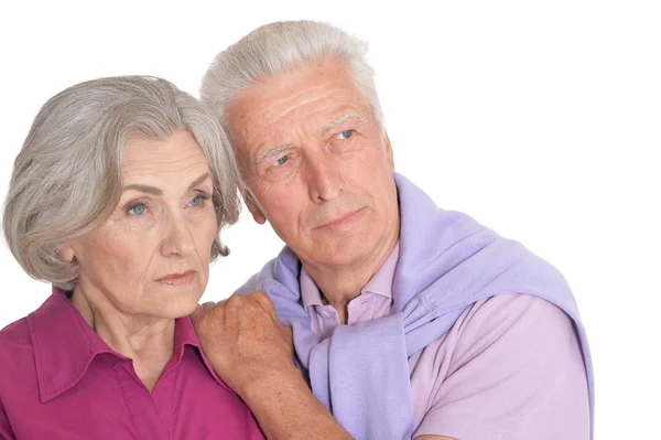 Portret Van Triest Senior Paar Geïsoleerd Witte Achtergrond — Stockfoto