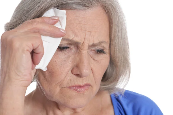 Ritratto Donna Anziana Con Mal Testa Isolato Sfondo Bianco — Foto Stock