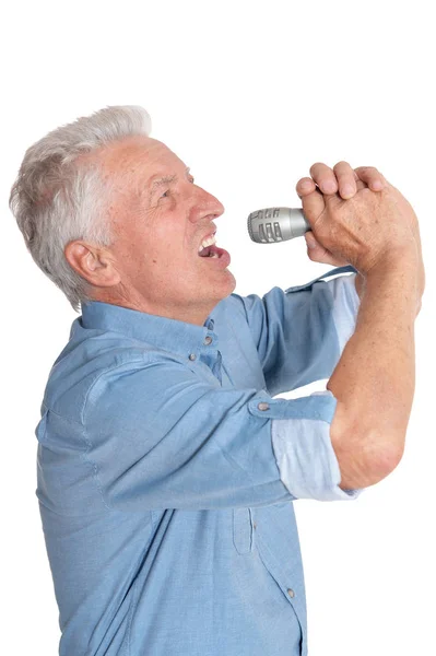 Portrait Senior Man Singing Microphone Isolated White Background — Stock Photo, Image