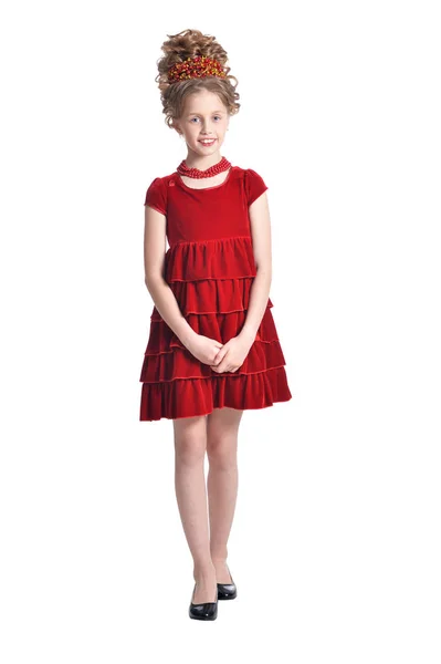 Pełnej Długości Dziewczyna Czerwonej Sukience Białym Tle Białym Tle Pozowanie — Zdjęcie stockowe