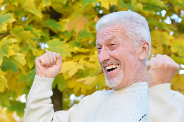 Gelukkig Bejaarde Man Poseren Herfst Park — Stockfoto