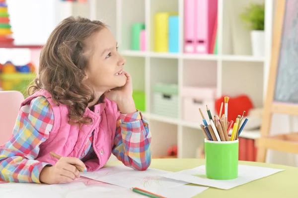 Bonito Sorrindo Menina Desenho Casa — Fotografia de Stock