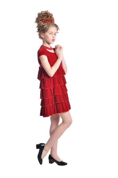 Full Length Girl Red Dress Posing Isolated White Background — Stock Photo, Image
