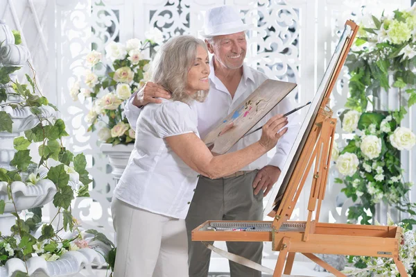 Portrait Beautiful Elderly Couple Painting — Stock Photo, Image