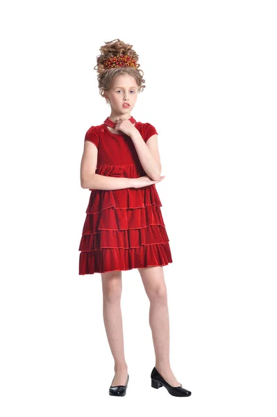 Полная Длина Девушка Красном Платье Позирует Изолированно Белом Фоне — стоковое фото