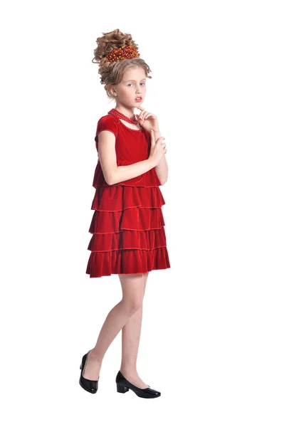 完全な長さ ポーズの分離の白い背景の赤いドレスの女の子 — ストック写真