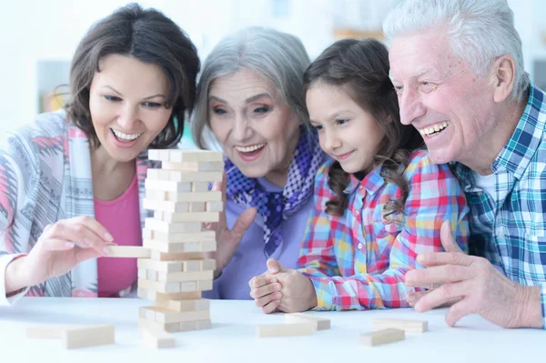 Big Family Cute Little Girl Playing Wooden Blocks Together — Stock Photo, Image