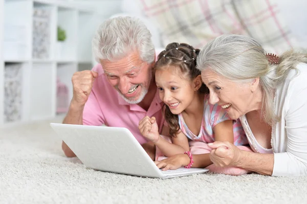 Avós Com Sua Neta Usando Laptop Casa — Fotografia de Stock