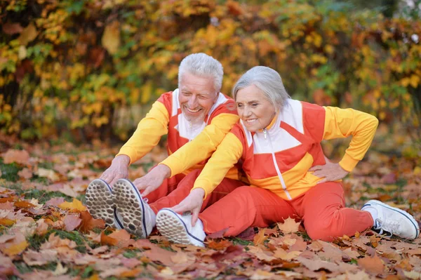 Přizpůsobit Starší Pár Cvičení Podzimním Parku — Stock fotografie