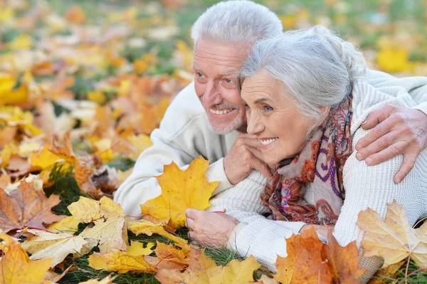 Gelukkige Senior Paar Liggen Park — Stockfoto