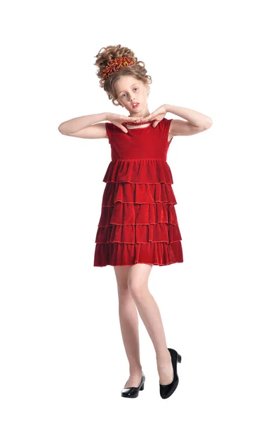 Bonito Menina Vestido Vermelho Posando Isolado Fundo Branco — Fotografia de Stock
