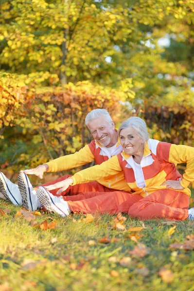 Fit Senior Couple Exercising Autumn Park — Stock Photo, Image
