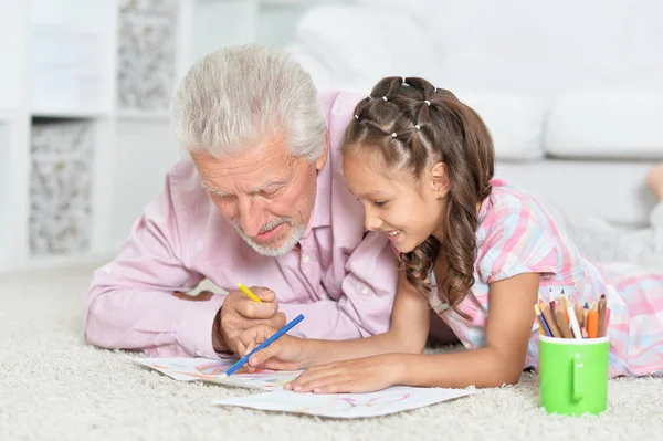 Happy Grandfather Granddaughter Drawing Together — Stock Photo, Image