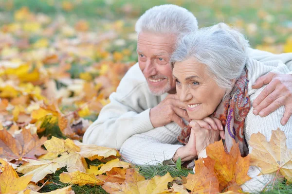 Gelukkige Senior Paar Liggen Park — Stockfoto