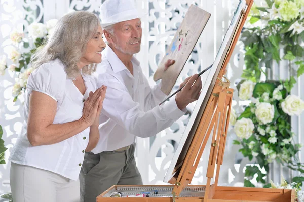 Portrait Beautiful Elderly Couple Painting — Stock Photo, Image