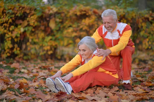 Forma Pareja Ancianos Haciendo Ejercicio Parque Otoño — Foto de Stock