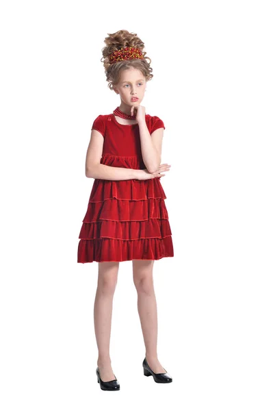 Comprimento Total Menina Vestido Vermelho Posando Isolado Fundo Branco — Fotografia de Stock