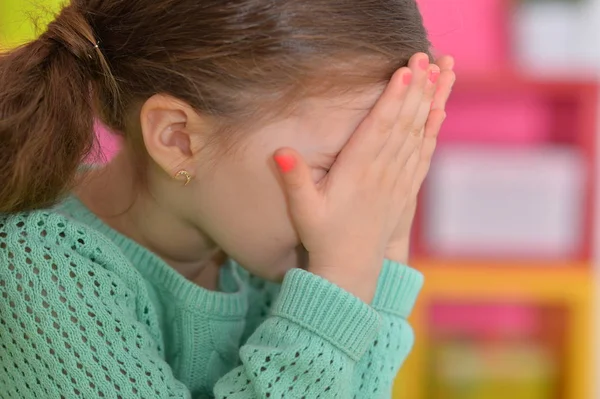 Portrait Cute Little Girl Covering Face Hands — Stock Photo, Image
