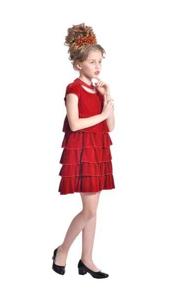 女孩在红色礼服摆在白色背景查出的 — 图库照片