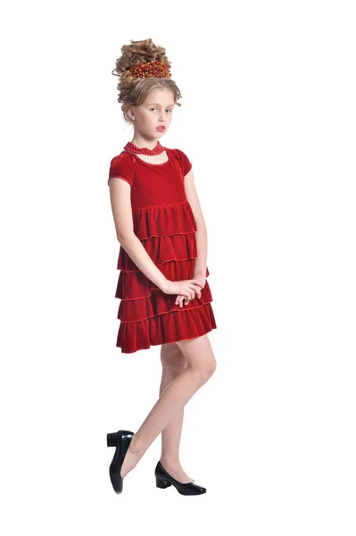 Ładna Dziewczyna Czerwonej Sukience Białym Tle Białym Tle Pozowanie — Zdjęcie stockowe