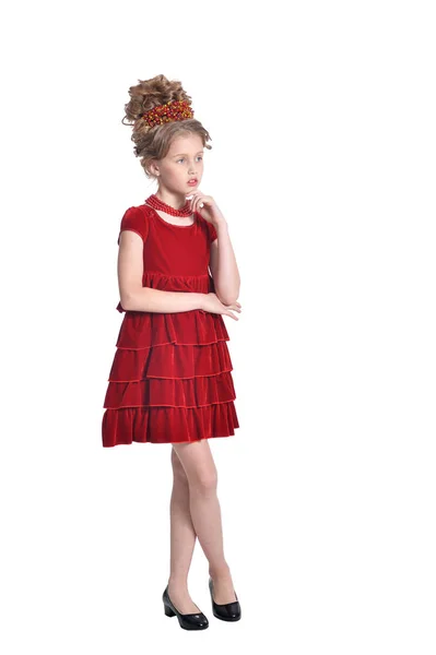 Full Length Girl Red Dress Posing Isolated White Background — Stock Photo, Image